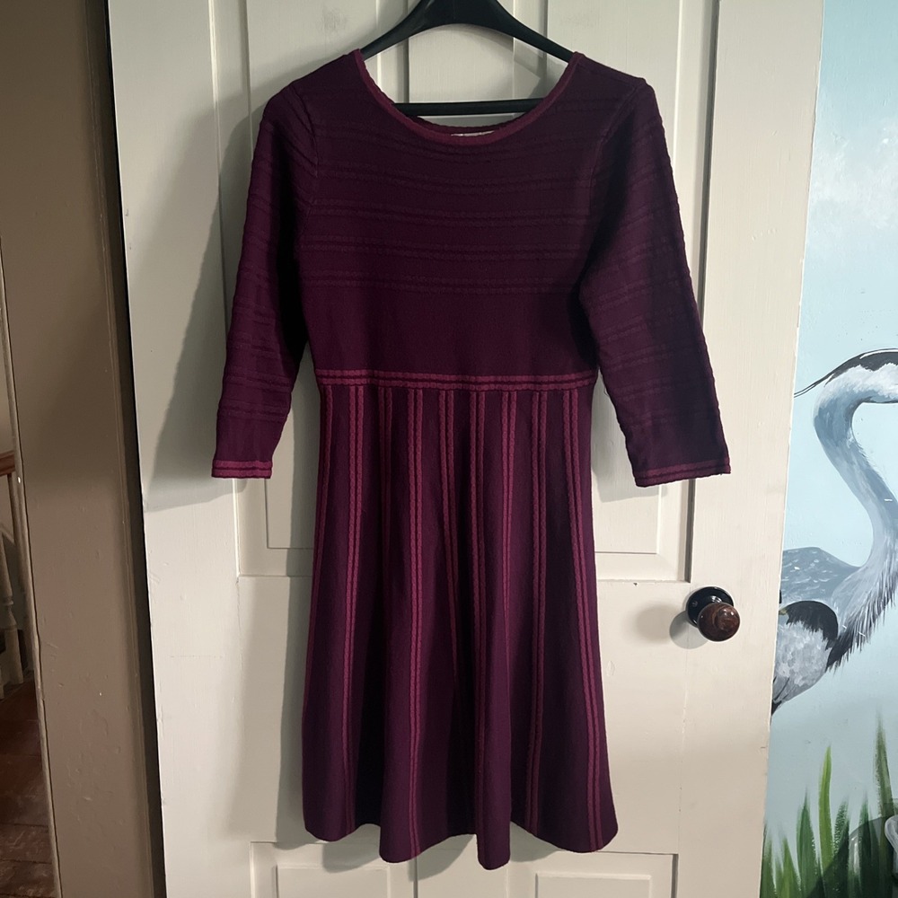 Womens Sweater Rib Knit Dress A-Line Plum Striped Size M Babydoll Cato Peasant